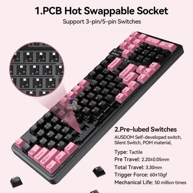Alt view image 5 of 7 - 98Pro Silent Wireless Mechanical Keyboard, Tri-Mode BT/2.4G/USB-C Hot Swappable Custom Quiet Keyboard with Backlit, Gasket Structure, PBT Keycaps,Pre-lubed Tactile Switches(Black & Pink-Silent)