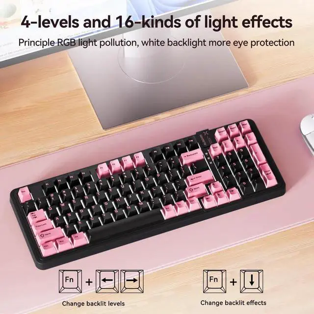 Alt view image 6 of 7 - 98Pro Silent Wireless Mechanical Keyboard, Tri-Mode BT/2.4G/USB-C Hot Swappable Custom Quiet Keyboard with Backlit, Gasket Structure, PBT Keycaps,Pre-lubed Tactile Switches(Black & Pink-Silent)