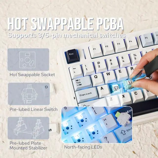 Alt view image 4 of 7 - x Aula F75 Gasket Mechanical Keyboard, 75% Wireless Hot Swappable Gaming Keyboard with Five-Layer Padding&Knob, Bluetooth/2.4GHz/USB-C, RGB (Light Blue, LEOBOG Reaper Switch)