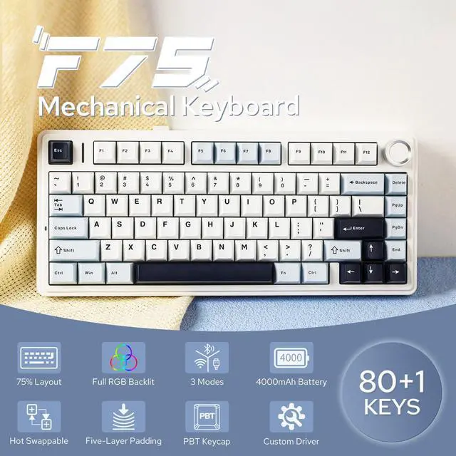 Alt view image 2 of 7 - x Aula F75 Gasket Mechanical Keyboard, 75% Wireless Hot Swappable Gaming Keyboard with Five-Layer Padding&Knob, Bluetooth/2.4GHz/USB-C, RGB (Light Blue, LEOBOG Reaper Switch)