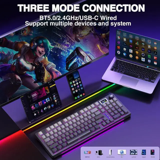 Alt view image 3 of 7 - S98 Pro Wireless Mechanical Keyboard with Screen & Knob,2.4GHz/USB-C/BT5.0 Hot Swappable Creamy Keyboard,Pre-lubed Linear Switches,Side Printed PBT Keycaps,RGB Backlit Gaming Keyboards