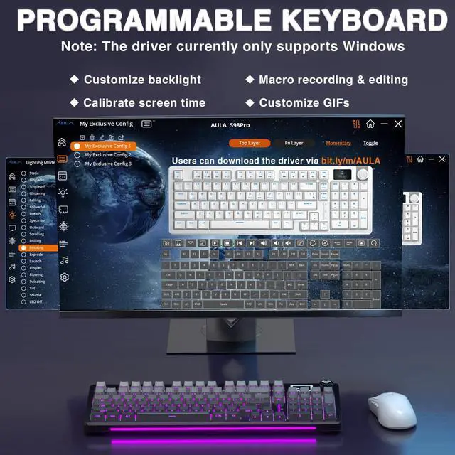 Alt view image 6 of 7 - S98 Pro Wireless Mechanical Keyboard with Screen & Knob,2.4GHz/USB-C/BT5.0 Hot Swappable Creamy Keyboard,Pre-lubed Linear Switches,Side Printed PBT Keycaps,RGB Backlit Gaming Keyboards