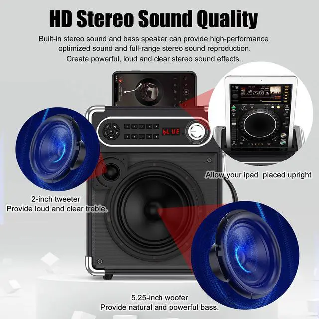 Alt view image 2 of 7 - Karaoke Machine with Two Wireless Microphones, Portable Bluetooth Speaker with Bass/Treble Adjustment, PA System with Remote Control, LED Lights,Supports TF Card/USB, AUX IN, FM, REC,TWS for Party