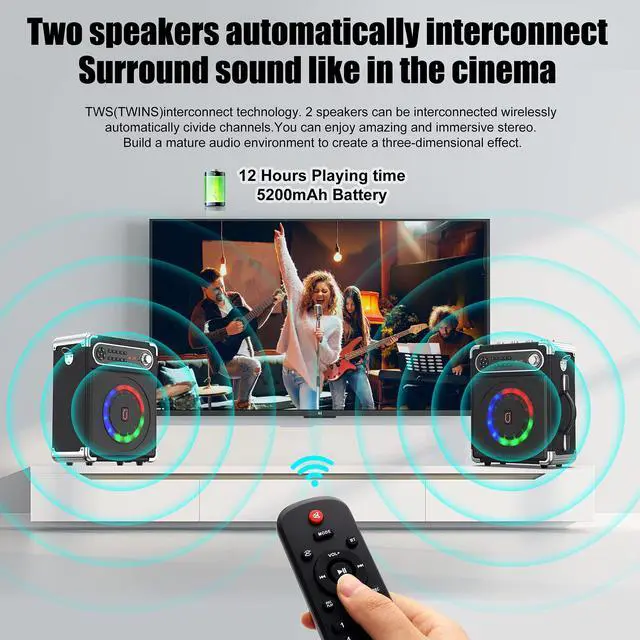Alt view image 3 of 7 - Karaoke Machine with Two Wireless Microphones, Portable Bluetooth Speaker with Bass/Treble Adjustment, PA System with Remote Control, LED Lights,Supports TF Card/USB, AUX IN, FM, REC,TWS for Party