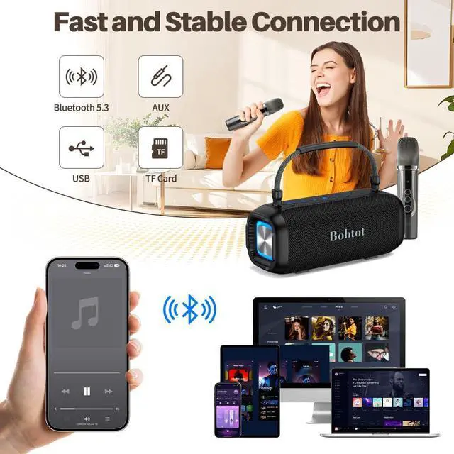 Alt view image 3 of 6 - Portable Karaoke Machine, Bluetooth Speaker with Microphone, Three Echo Levels, Indoor and Outdoor Modes, IPX6, BT 5.3, Supports AUX, TF, USB