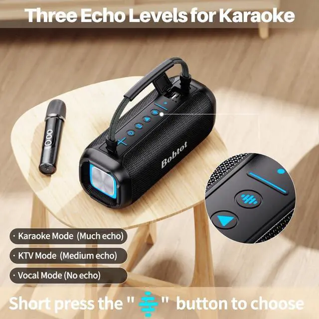 Alt view image 4 of 6 - Portable Karaoke Machine, Bluetooth Speaker with Microphone, Three Echo Levels, Indoor and Outdoor Modes, IPX6, BT 5.3, Supports AUX, TF, USB
