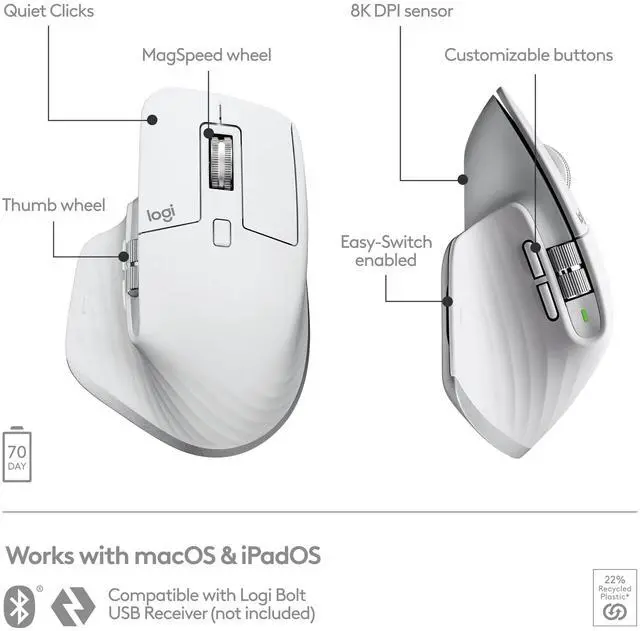 Alt view image 6 of 7 - MX Master 3S for Mac - Wireless Bluetooth Mouse with Ultra-Fast Scrolling, Ergo, 8K DPI, Quiet Clicks, Track on Glass, Customization, USB-C, Apple, iPad - Pale Grey