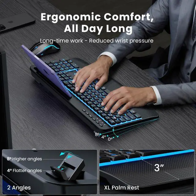 Alt view image 3 of 7 - Wireless Keyboard and Mouse Combo, Rechargeable 4000mAh Light up Quiet Keyboard with Wrist Rest & Phone Holder, Ergonomic Silent Typing for PC/Mac/Laptop/Windows/Chrome OS