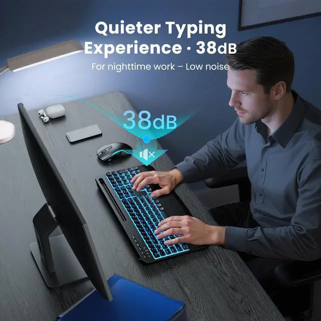 Alt view image 6 of 7 - Wireless Keyboard and Mouse Combo, Rechargeable 4000mAh Light up Quiet Keyboard with Wrist Rest & Phone Holder, Ergonomic Silent Typing for PC/Mac/Laptop/Windows/Chrome OS