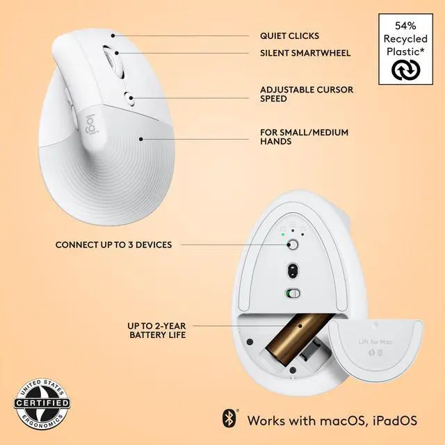 Alt view image 6 of 7 - Lift for Mac Wireless Vertical Ergonomic Mouse, Bluetooth, Quiet Clicks, Silent Smartwheel, 4 Customizable Buttons, for macOS/iPadOS/MacBook Pro/Macbook Air/iMac/iPad - Off White