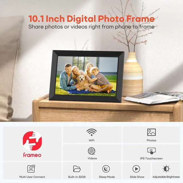 Alt view image 7 of 7 - Digital Picture Frame, 10.1" Frameo Digital Frame WiFi with 32GB Memory, 1280x800 IPS Touch Screen, Send Photos/Videos from Your Phone Anywhere, Photo Gifts for Parents and Grandparents