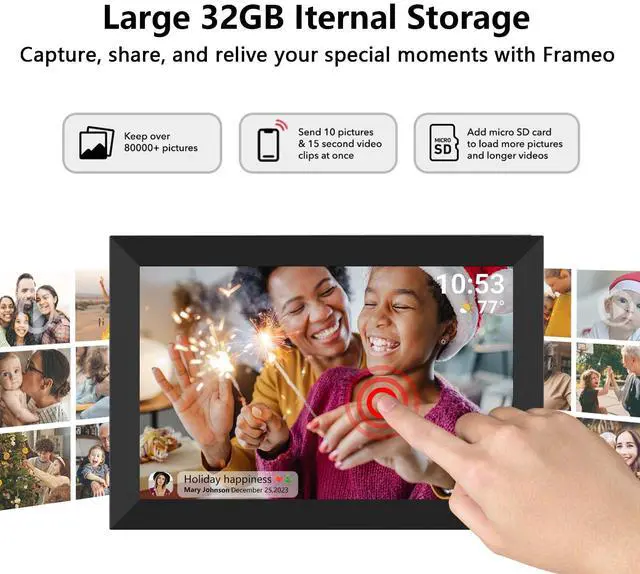 Alt view image 7 of 7 - 32GB FRAMEO 10.1 Inch Smart WiFi Digital Photo Frame 1280x800 IPS LCD Touch Screen, Auto-Rotate Portrait and Landscape, Built in 32GB Memory, Share Moments Instantly via Frameo App from Anywhere