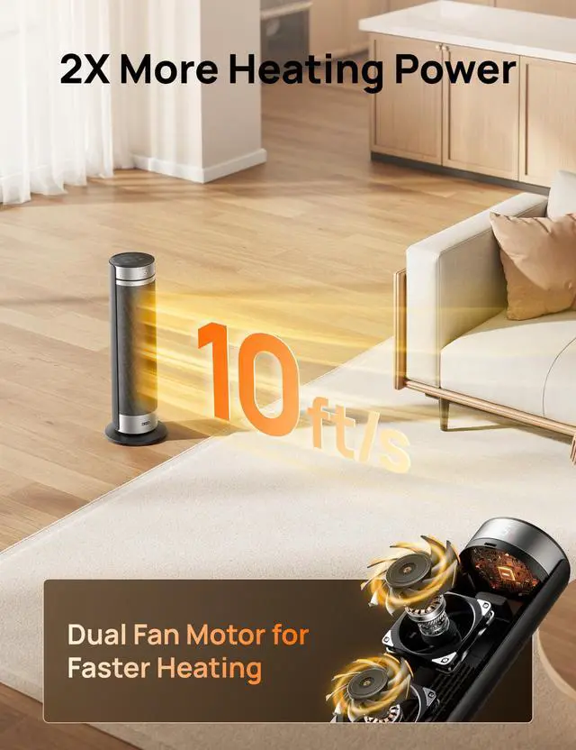 Alt view image 2 of 6 - Space Heater for Large Room, 23 Inch Electric Heaters for Indoor Use, 8 Safe Protection Tower, 70° Oscillation, PTC Ceramic with Thermostat and Remote, Quiet, 12H Timer, Bedroom, Office