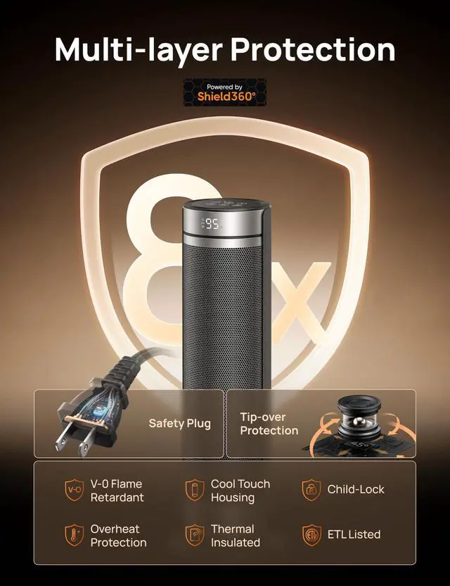 Alt view image 3 of 6 - Space Heater for Large Room, 23 Inch Electric Heaters for Indoor Use, 8 Safe Protection Tower, 70° Oscillation, PTC Ceramic with Thermostat and Remote, Quiet, 12H Timer, Bedroom, Office