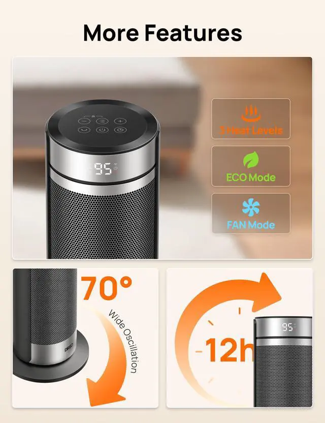 Alt view image 6 of 6 - Space Heater for Large Room, 23 Inch Electric Heaters for Indoor Use, 8 Safe Protection Tower, 70° Oscillation, PTC Ceramic with Thermostat and Remote, Quiet, 12H Timer, Bedroom, Office