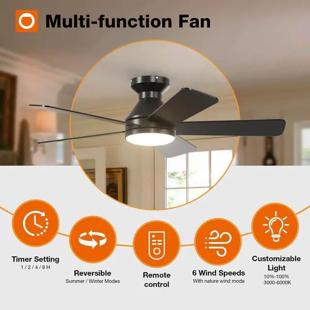 Alt view image 2 of 7 - Ceiling Fans with Lights, 42 Inch Low Profile Ceiling Fan with Light and Remote Control, Flush Mount, Reversible, 3CCT, Dimmable, Quiet, Black Small Ceiling Fan for Bedroom Indoor/Outdoor Use