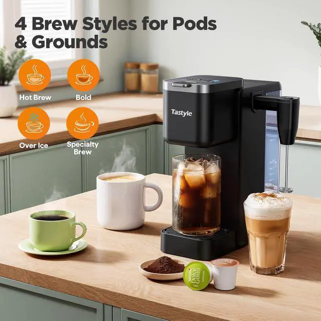 Alt view image 3 of 6 - Single Serve Coffee Maker with Built-in Detachable Milk Frother, Iced and Hot Coffee Machine for K Cup & Grounds, 40oz Removable Water Reservoir, 6 Cup Sizes, Fits 7.3" Travel Mug, Black