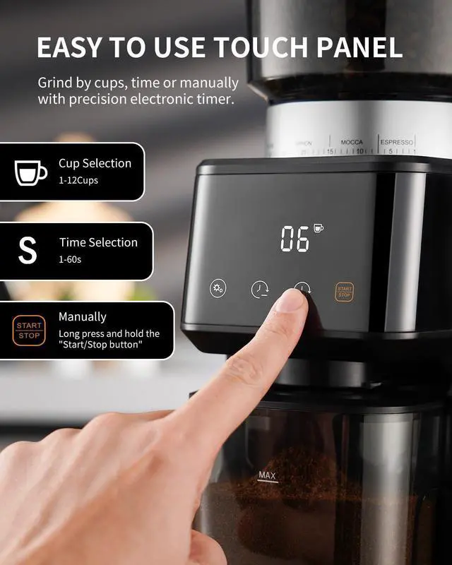 Alt view image 2 of 7 - Conical Burr Espresso Coffee Grinder Electric with Precision Timer 2.0, Touchscreen Adjustable Burr Mill with 51 Precise Settings for Home Use, Anti-static, Stainless Steel