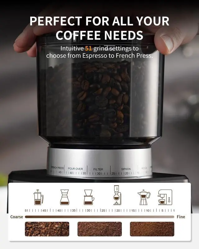 Alt view image 4 of 7 - Conical Burr Espresso Coffee Grinder Electric with Precision Timer 2.0, Touchscreen Adjustable Burr Mill with 51 Precise Settings for Home Use, Anti-static, Stainless Steel