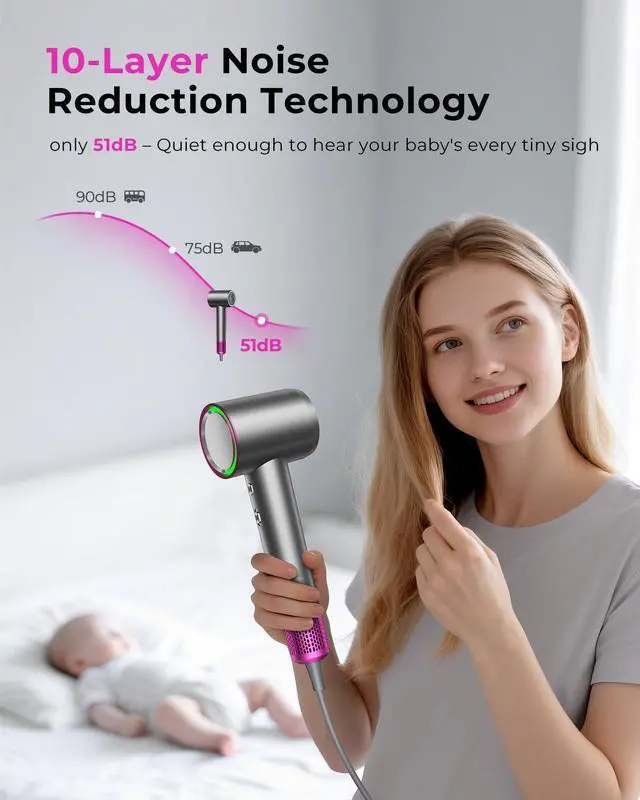 Alt view image 7 of 7 - Professional High Speed Ionic Hair Dryer | Ultra-Fast Drying | 500 Million Negative Ions | Low Noise | 160000 RPM | Compact Blow Dryer with Magnetic Diffuser for Faster Drying All Hair Types