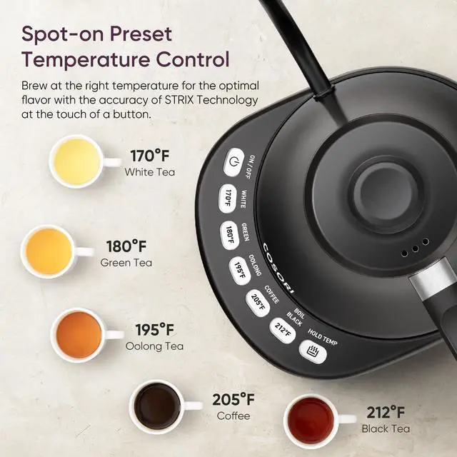 Alt view image 2 of 6 - Electric Gooseneck Kettle with 5 Temperature Control Presets, Pour Over Kettle for Coffee & Tea, Hot Water Boiler, 100% Stainless Steel Inner Lid & Bottom, 1200W/0.8L