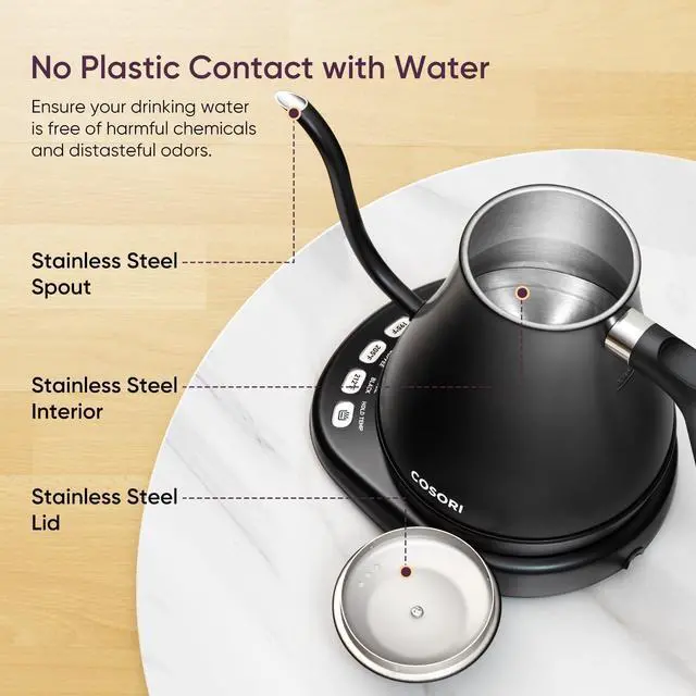 Alt view image 6 of 6 - Electric Gooseneck Kettle with 5 Temperature Control Presets, Pour Over Kettle for Coffee & Tea, Hot Water Boiler, 100% Stainless Steel Inner Lid & Bottom, 1200W/0.8L