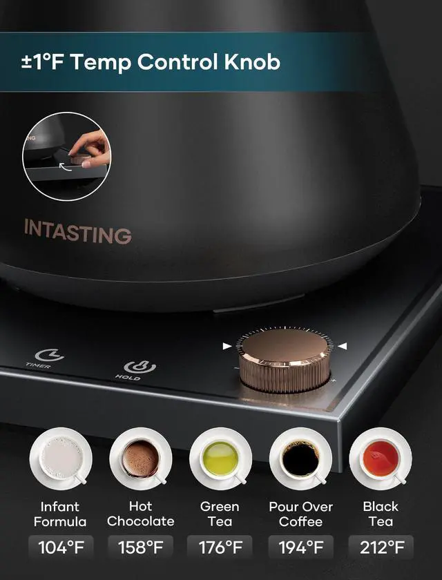 Alt view image 3 of 7 - Electric Kettles, Gooseneck Electric Kettle, ±1 Temperature Control, Stainless Steel Inner, Quick Heating, for Pour Over Coffee, Brew Tea, Boil Hot Water, 0.9L Black