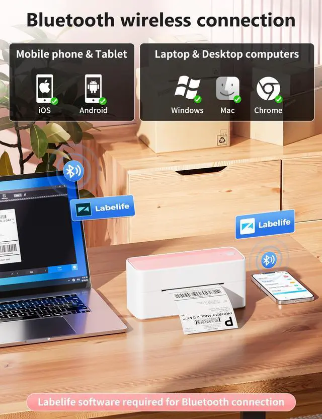 Alt view image 2 of 7 - Bluetooth Thermal Label Printer, 241BT 4X6 Wireless Shipping Labels Printer for Small Business, Pink Label Printers for Shipping Package, Compatible with iPhone, Android, Amazon, Shopify, USPS