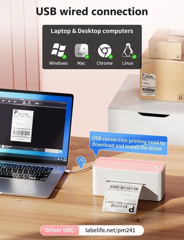 Alt view image 3 of 7 - Bluetooth Thermal Label Printer, 241BT 4X6 Wireless Shipping Labels Printer for Small Business, Pink Label Printers for Shipping Package, Compatible with iPhone, Android, Amazon, Shopify, USPS