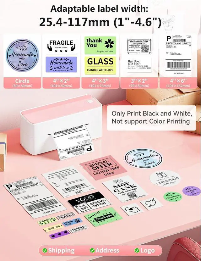 Alt view image 4 of 7 - Bluetooth Thermal Label Printer, 241BT 4X6 Wireless Shipping Labels Printer for Small Business, Pink Label Printers for Shipping Package, Compatible with iPhone, Android, Amazon, Shopify, USPS