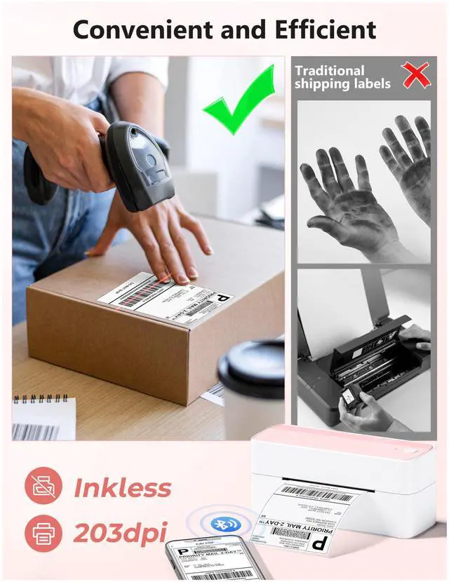 Alt view image 5 of 7 - Bluetooth Thermal Label Printer, 241BT 4X6 Wireless Shipping Labels Printer for Small Business, Pink Label Printers for Shipping Package, Compatible with iPhone, Android, Amazon, Shopify, USPS