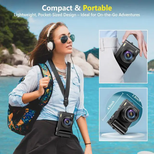 Alt view image 3 of 5 - 4K Digital Camera for Photography Autofocus, Upgraded 64MP WiFi Vlogging Camera for YouTube with 3" 180° Flip Screen, 16X Zoom, Compact Travel Cameras for Beginners with 32GB Card, 2 Batteries, Black