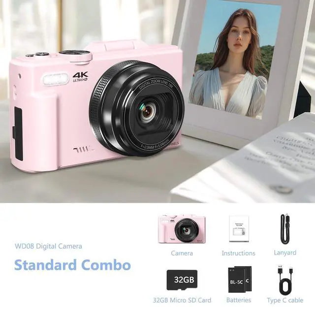 Alt view image 3 of 7 - 4K Digital Camera for Photography, 64MP Vlogging Camera for YouTube with 3" 180° Flip Screen, 18X Digital Zoom Point and Shoot Camara with 32GB Micro SD Card for Beginner (Light Pink)