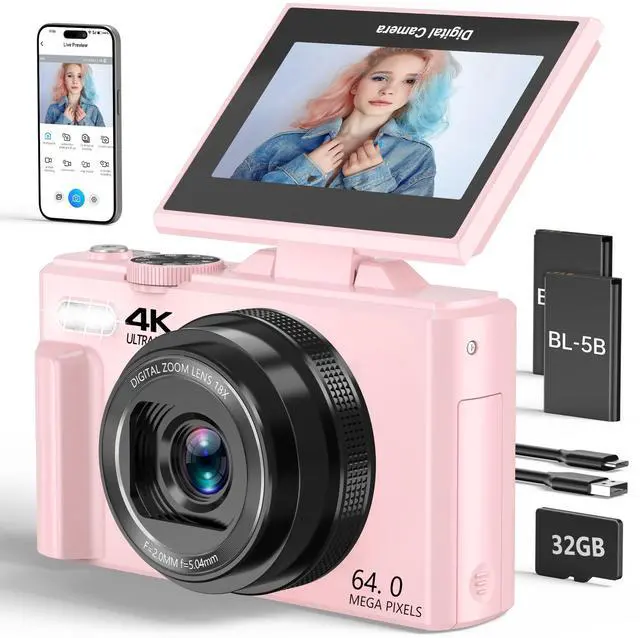 Main image of 4K Digital Camera for Photography, 64MP Vlogging Camera for YouTube with 3" 180° Flip Screen, 18X Digital Zoom Point and Shoot Camara with 32GB Micro SD Card for Beginner (Light Pink)