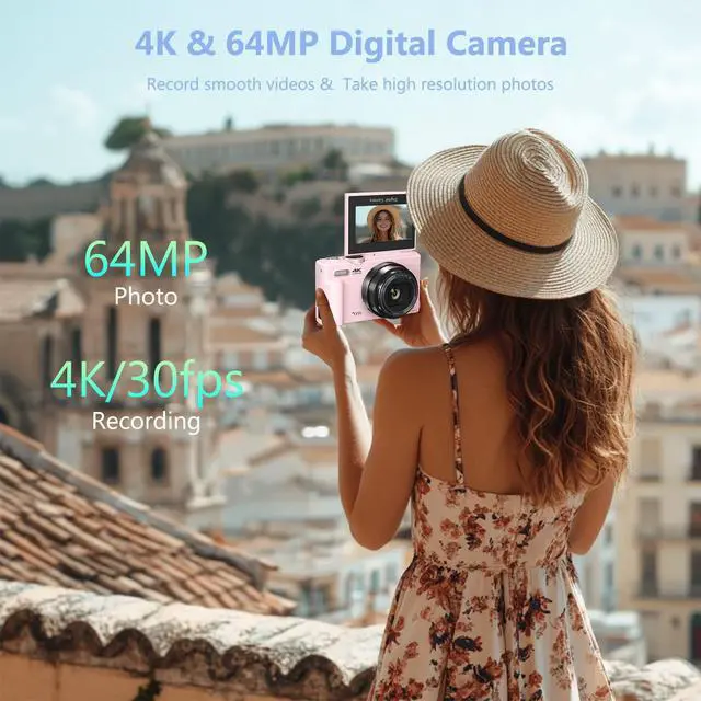 Alt view image 2 of 7 - 4K Digital Camera for Photography, 64MP Vlogging Camera for YouTube with 3" 180° Flip Screen, 18X Digital Zoom Point and Shoot Camara with 32GB Micro SD Card for Beginner (Light Pink)