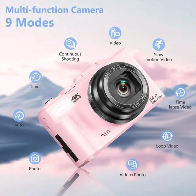 Alt view image 6 of 7 - 4K Digital Camera for Photography, 64MP Vlogging Camera for YouTube with 3" 180° Flip Screen, 18X Digital Zoom Point and Shoot Camara with 32GB Micro SD Card for Beginner (Light Pink)