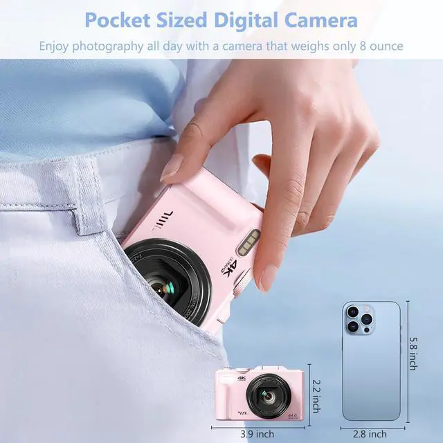 Alt view image 7 of 7 - 4K Digital Camera for Photography, 64MP Vlogging Camera for YouTube with 3" 180° Flip Screen, 18X Digital Zoom Point and Shoot Camara with 32GB Micro SD Card for Beginner (Light Pink)