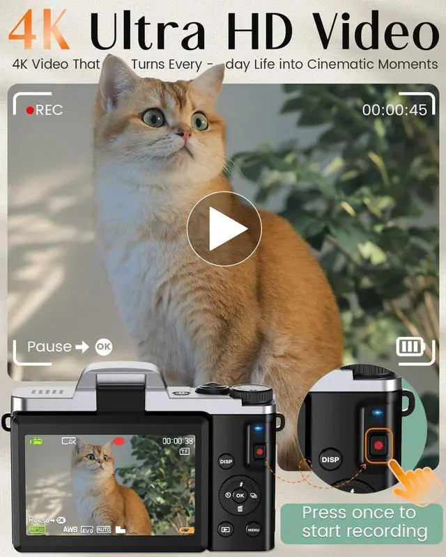 Alt view image 2 of 7 - 4K Digital Camera for Photography with WiFi,64MP Autofocus Vlogging Camera for YouTube,3'' 180° Flip Screen Compact Travel Camera for Teens with 32GB SD Card,16X Zoom,Anti-Shake,2 Batteries(Black)
