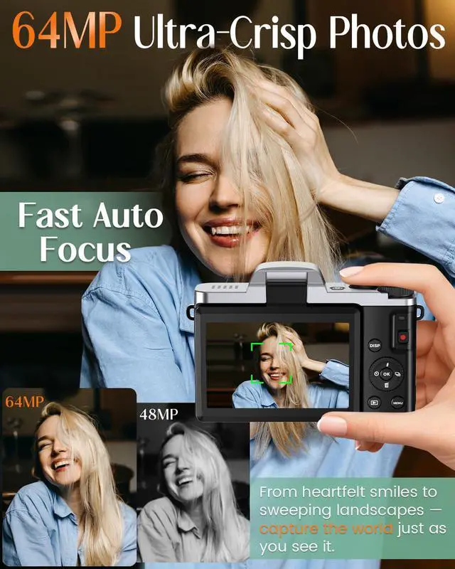 Alt view image 3 of 7 - 4K Digital Camera for Photography with WiFi,64MP Autofocus Vlogging Camera for YouTube,3'' 180° Flip Screen Compact Travel Camera for Teens with 32GB SD Card,16X Zoom,Anti-Shake,2 Batteries(Black)
