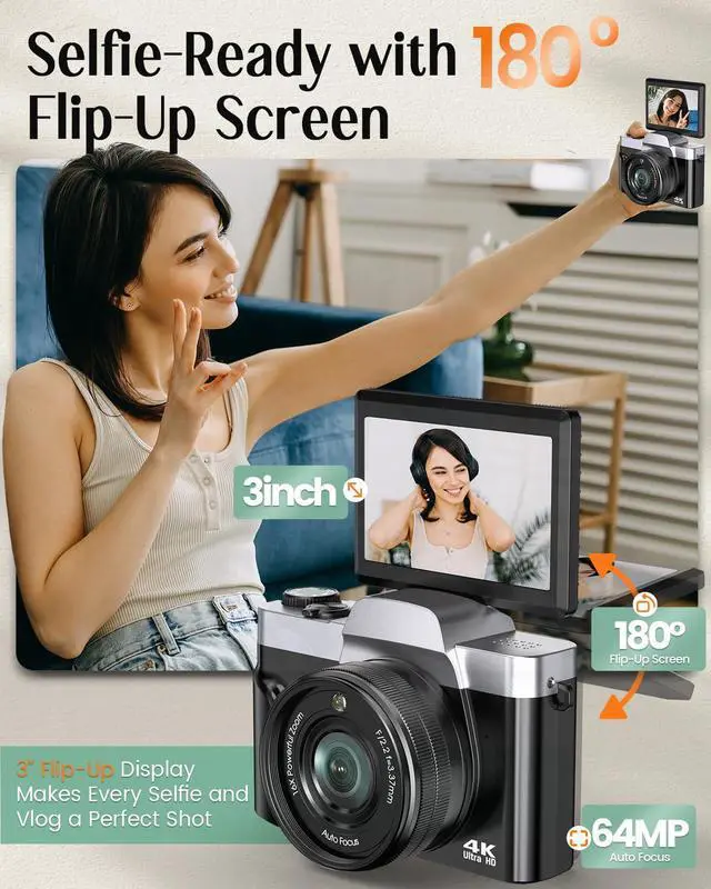 Alt view image 4 of 7 - 4K Digital Camera for Photography with WiFi,64MP Autofocus Vlogging Camera for YouTube,3'' 180° Flip Screen Compact Travel Camera for Teens with 32GB SD Card,16X Zoom,Anti-Shake,2 Batteries(Black)