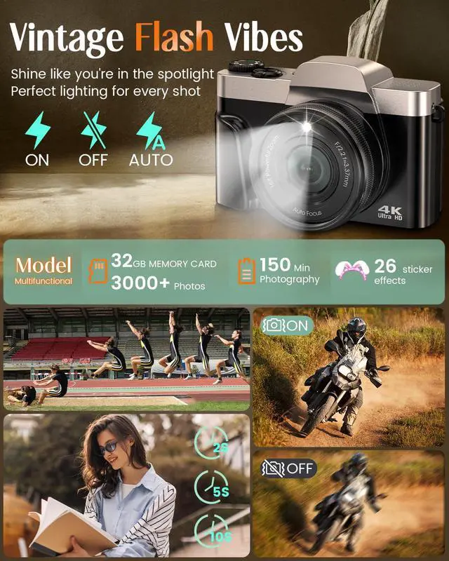 Alt view image 6 of 7 - 4K Digital Camera for Photography with WiFi,64MP Autofocus Vlogging Camera for YouTube,3'' 180° Flip Screen Compact Travel Camera for Teens with 32GB SD Card,16X Zoom,Anti-Shake,2 Batteries(Black)
