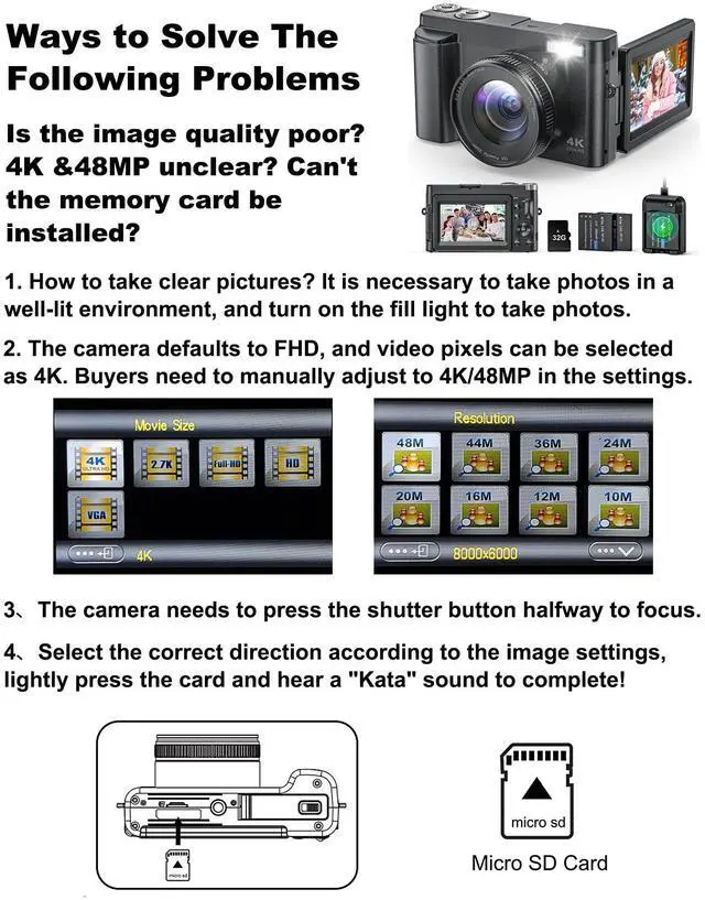 Alt view image 7 of 7 - 4K Digital Camera for Photography and Video, Autofocus Anti-Shake 48MP Vlogging Camera for YouTube, 3'' 180°Flip Screen Camera with Flash 16X Zoom, Digital Camera with 32GB Card Battery Charger Black