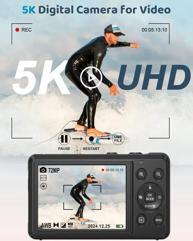 Alt view image 2 of 7 - 5K Digital Camera - 72MP UHD Digital Cameras for Photography - Autofocus Point and Shoot Small Camera with Flash for Kids - 2.8 Inch Screen Compact Portable Vlogging Camara with 16X Zoom, 32GB SD Card