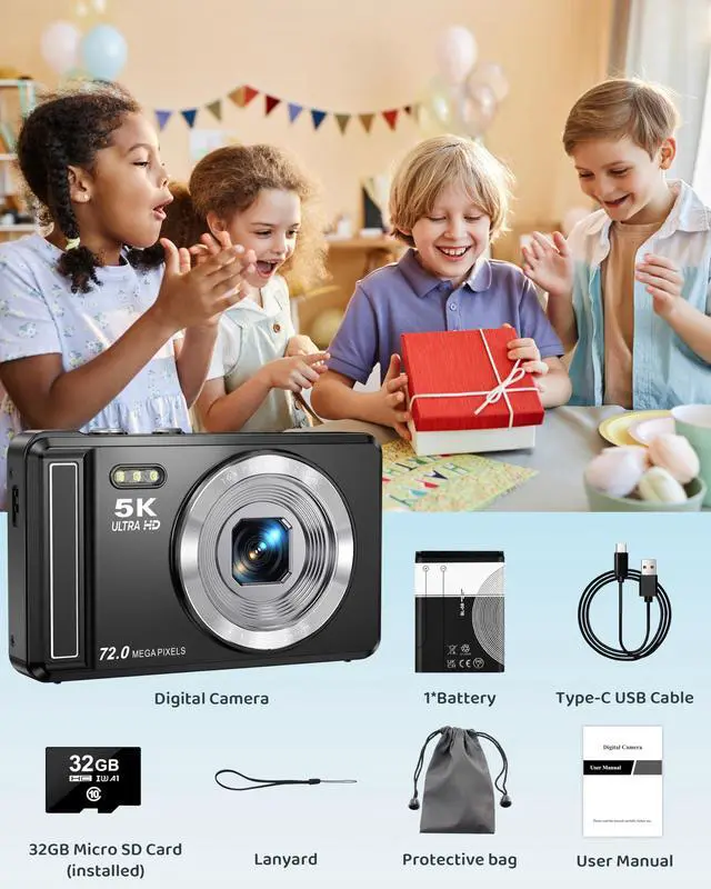 Alt view image 7 of 7 - 5K Digital Camera - 72MP UHD Digital Cameras for Photography - Autofocus Point and Shoot Small Camera with Flash for Kids - 2.8 Inch Screen Compact Portable Vlogging Camara with 16X Zoom, 32GB SD Card