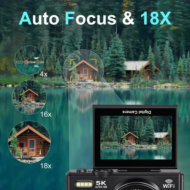 Alt view image 4 of 7 - 5K Digital Camera for Photography - 75MP WiFi Vlogging Camera for YouTube - UHD 18X Zoom Digital Cameras with Flip Screen 3" 180° - Travel Photography Flash Camara for Beginners & Adults