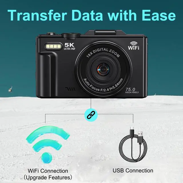 Alt view image 5 of 7 - 5K Digital Camera for Photography - 75MP WiFi Vlogging Camera for YouTube - UHD 18X Zoom Digital Cameras with Flip Screen 3" 180° - Travel Photography Flash Camara for Beginners & Adults