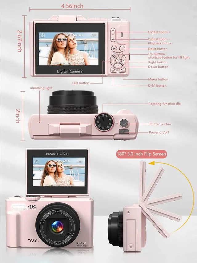 Alt view image 7 of 7 - Digital Camera for Photography, 4K Vlogging Camera for YouTube 3" 180° Flip Screen 18X Digital Zoom Compact Cameras with 32GB TF Card & 2 Batteries, Pink