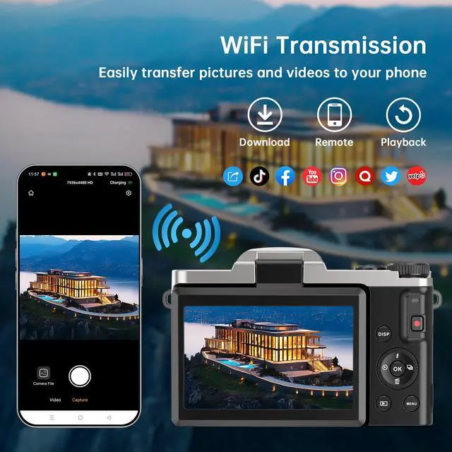 Alt view image 3 of 7 - 4K Digital Camera for Photography with WiFi, 2025 Latest Auto-Focus Vlogging Camera for YouTube Video 3'' 180° Flip Screen Travel Cameras 16X Zoom Anti-Shake 4K Cameras with SD Card, 2 Batteries