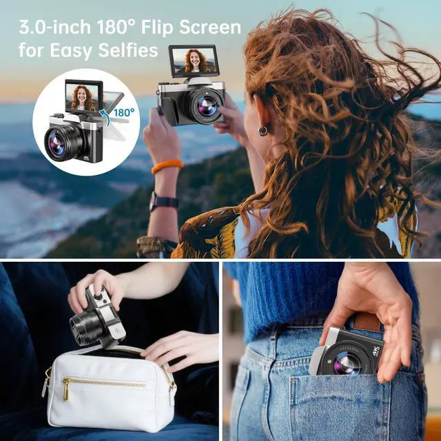 Alt view image 5 of 7 - 4K Digital Camera for Photography with WiFi, 2025 Latest Auto-Focus Vlogging Camera for YouTube Video 3'' 180° Flip Screen Travel Cameras 16X Zoom Anti-Shake 4K Cameras with SD Card, 2 Batteries