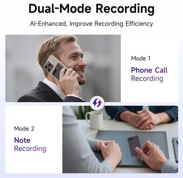 Alt view image 2 of 7 - AI Voice Recorder, 64GB Audio Note Recorder  73H Battery, USB-C Fast Charge, Magnetic Clip, 118-Language Transcription, AI Noise Cancellation, App Control, for Lectures, Meetings, Calls- Gray